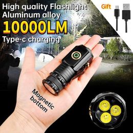 Torches High Quality 3 LED Flashlight 18350 Aluminium Alloy Torch Rechargeable USB Light IP68 Waterproof with Magnet for Hiking Camping Q231013