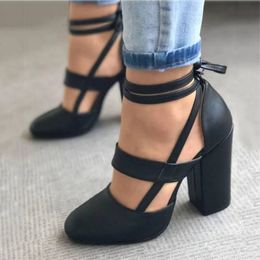 Dress Shoes Women's Pumps Plus Size 35-43 Women Gladiator Summer High Heels for Party Wedding Thick Fashion Lace-up Female Black 231013