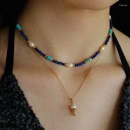 Pendant Necklaces Simple Lapis Lazuli Natural Pearl Hand-beaded Necklace Versatile Stacked Collarbone Chain