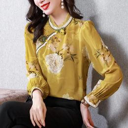 Women's Blouses High-end Chinese Style Improved Hanfu Silk Printed Top For Women Retro Stand-up Collar Long Sleeves Elegant Slim Casual