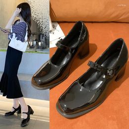 Dress Shoes Block Heels For Women Pumps Comfortable High-Heeled Sandals Ladies 2023 Sweet Mary Jane Square Toe Chunky Spring Leather