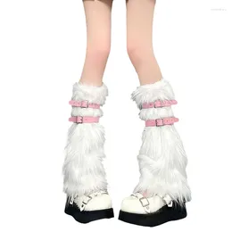 Women Socks Faux Fur Square Buckle Belt Decor Punk Boots Shoes Cuffs Covers Fall Winter Casual Warm Boot Cover