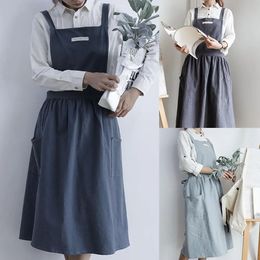 Aprons Women Men Work Kitchen Flower Coffee Shop Solid Colour Soft Washed Cotton Apron For Chef Waiter BBQ Hairdresser Aprons Bibs 231013