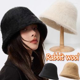 Berets Wool Cute Bucket Hat Winter Soft Plush Fisherman Hats Girl Warm White Black Solid Colour Caps For Women Autumn Cold-proof