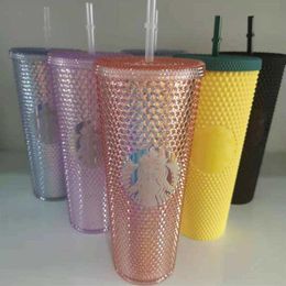 Tumblers 710ml Personalized Starbucks Cups Iridescent Bling Rainbow Unicorn Studded Cold Cup Tumbler Coffee Mug with Straw1638