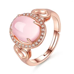 Cluster Rings Ociki Rose Gold Color CZ Ross Quartz Crystal Pink Opal Oval Jewelry Wholesale For Women Girls Gift Drop