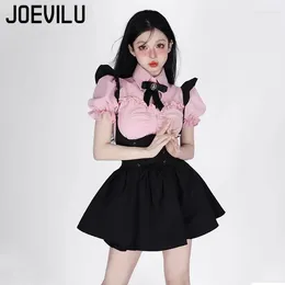Work Dresses Japanese Strap Skirt Set Lovely Sleeved Shirt With Bow Tie Bandage Black Mini Skirts 2 Piece Sets Babes Kawaii Y2k Outifits
