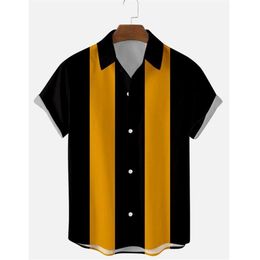 Men's Casual Shirts 2021 Summer Light Bowling Men Vertical Striped Printed Lapel Short Sleeve Blouse Tops Button Up Shirt253M