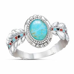 Classical Style 925 Sterling Silver Inlaid Turquoise Eagle Feather Ring Ladies Party Wedding Jewelry Size 6-10287C