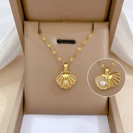 Pendant Necklaces Korean Light Luxury Shell Pearl Necklace For Women Stainless Steel Micro Inlaid Zircon Love Heart Moon Choker Wedding