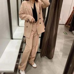 Women's Suits 2023 Autumn Winter Two-piece Set Solid Colour Pants England Style Double Breasted Long Sleeve Blazer High Waist Straigt