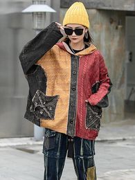 Women's Jackets Streetwear Women Fall Loose Knitted Denim Hooded Ladies Vintage Casual Fashion Punk Oversized Warm Coats Mixed Color