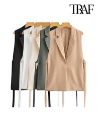 Women's Jackets TRAF Women Fashion With Taps Side Vents Waistcoat Vintage Sleeveless Front Button Female Outerwear Chic Vest Tops 231012