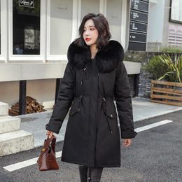 Women's Trench Coats 2023 Winter Jacket Women With Fur Hood Fashion Faux Lining Hooded Long Coat Parkas Outwear Large Collar