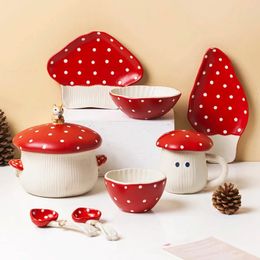 Mugs Cartoon Ceramic Mug Cute Hand Painted Mushroom Dinnerware Red Plate Bowl Spoon Personalized Kitchen Tableware Drinkware 231013