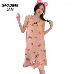 Women's Sleepwear M-5XL Large Size Women Sleeveless Nightdress Summer With Chest Pad Foam Cotton Nightgowns Female Cartoon Bear Print