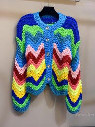 Women's Knits Handmade Knitting Needle Coarse Yarn Colourful Striped Contrast Colour Knitwear Cardigan Sweater Coat Thick Cardigans Fall