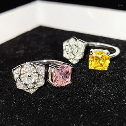 Cluster Rings Luxury Square Rose Flower Open For Women Micro Pave Pink Yellow Zirconia 2023 Classic Bijoux