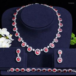 Necklace Earrings Set ThreeGraces 3Pcs Luxury Red Cubic Zirconia Stone Bridal Wedding Banquet Bracelet Jewellery For Women TZ962