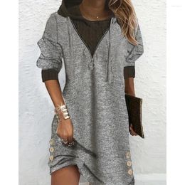 Casual Dresses Fashion Long Sleeve Button Side Print Patchwork Hooded Short For Women Autumn Femme Sporty Mini Dress