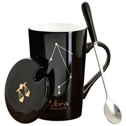 Mugs Ceramic 12 s Creative with Spoon Lid Black and Gold Porcelain Zodiac Milk Coffee Cup Drinkware 231013