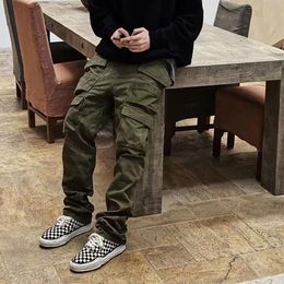 Multi-pockets Straight Flare Pants Mens High Street Elastic Waist Solid Loose Casual Cargo Pants Hip Hop Baggy Trousers239N