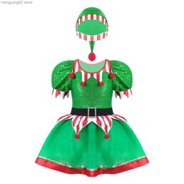 Theme Costume Kids Girls Christmas Elf Come Xmas Sequins Pompoms Adorned Fancy Party Mesh Tutu Dress With Hat New Year Carnival Dress Up T231013