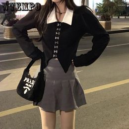 Women's Blouses WTEMPO Women Blouse Vintage Black Elegant Harajuku Korean Long Sleeve Slim Sexy Female Shirt Streetwear Y2K Cropped Tops