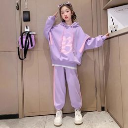Clothing Sets Girls Casual Sweatshirt Set Autumn Clothes Kids Letter Printed Splicing Hooded Top Long Pants 2 Pcs Set 3-15Y Teenagers Trend 231013