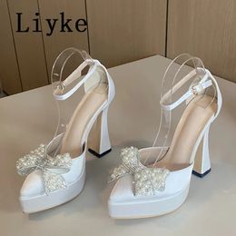 Dress Shoes Liyke Ins Style Pearl Butterfly-Knot Women High Heels Sandals Sexy Thick Bottom Pointed Toe Platform Pumps Wedding Banquet Shoes 231012