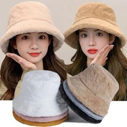 Berets Faux Fur Plush Bucket Hat Outdoor Furry Plus Velvet Panama Hats For Women Fashion Solid Fisherman Cap Winter Casual Warm Caps