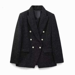 2023 Double Breasted Spring Autumn Outerwear Female Chic Tops Vintage Office Lady Jacket Coat New Casual Women Tweed Blazer 12EK7X