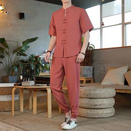 Men's Tracksuits Chinese Uniform Set Vintage Hanbok Clothing Japanese Kimono Shirt Pants Cotton Linen Casual 2 Piece