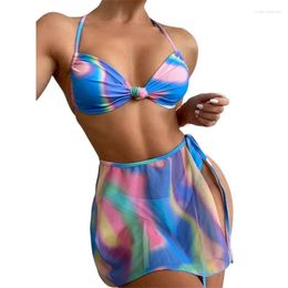 Women's Swimwear Summer 3Pcs Bikini Sets Hanging Neck Tie Up Bra Dye Print Thong Hollow Out Skirt Women Beachwear