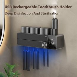 Toothbrush Holders Toothbrush Holder Waterproof Storage Box 2/3 Cup Toothpaste Dispenser Wall Mounted Bathroom Accessories USB Charge 231013