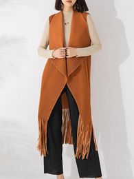 Women's Trench Coats Miyake Fold 2023 Autumn And Winter Waistcoat Loose Cardigan Large Lapel Fringe Long Shawl Coat
