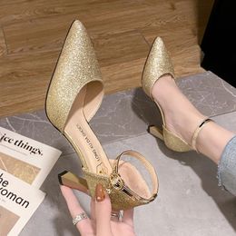 Dress Shoes Bling Gold Silver Women's Pumps Sexy Point Toe Thin Heel Party Wedding Bridal Woman Summer Ankle Strap High Heels PU 231013