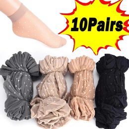 Women Socks 10pairs Skin Colour Dot Transparent Thin Crystal Silk Nylon Fashion Ladies Summer Stretch Short Ankle Sock