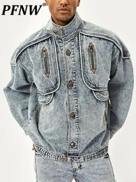 Men's Jackets PFNW Vintage Denim Jackets Men Slim Solid Casual Jean Coat Fashion Stand Collar Moto Biker High Street Outwears 12A5983 231012