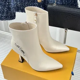 Women winter high heel boots Fashion luxury designer women nude boots ladies the high heel short boots pointed low heel sheepskin boots lazy dress boots with box