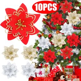 Dried Flowers 10/1pcs Glitter Artificial Flowers Christmas Tree Pendant Ornaments Glitter Fake Flower Home New Year Party Christmas Decoration 231013