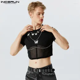 Men's T Shirts 2023 Fashion Men Shirt Mesh Patchwork Transparent O-neck Short Sleeve Sexy Camisetas Streetwear Party Crop Tops S-5XL INCERUN