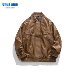 Men's Leather Faux Leather Pu Leather Jacket For Men Spring Autumn Brand Ins Trend Japanese Loose Casual Zipper Hip Hop Solid Y2K Lapel Jacket 231012