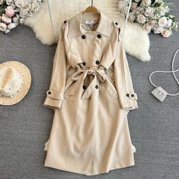 Women's Trench Coats Clothland Women Elegant Long Coat Double Breasted European Style Belt Sashes Basic Office Jacket Mujer CA907