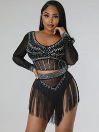 Work Dresses Sexy Mesh Two Piece Rhinestone Tassel Set Women Clubwear For Party Short Tops And Skirts See Through Night Club Outfits Sets