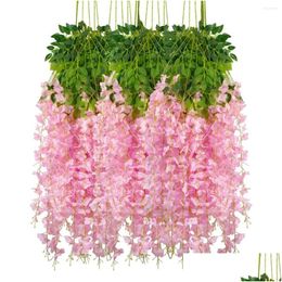 Decorative Flowers 12Pcs 106Cm Artificial Wisteria Flower Hanging Vine Garland For Wedding Decor Home Garden Wall Decorations Dhyhn