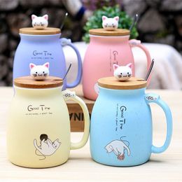 Mugs 450ml Cartoon ceramic cat cup with cap and spoon coffee milk tea breakfast Drinkware novelty gift 231013