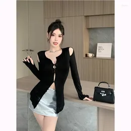 Women's T Shirts 2023 Autumn Fashion Sexy Waist Cut Out T-shirt Design Off Shoulder Slim Fit Long Sleeve Top Knitted Shirt Female