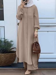 Ethnic Clothing Casual Muslim Dress For Women Blouse 2 Piece Set Long Sleeve Shirt Pant Suits Saudi Arabic Dubai Button Up Dresses Autumn