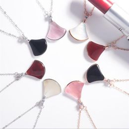 Solid 925 Sterling Silver Fan Shaped Pendant Necklace Black Agate Pink Opal Women Collarbone Necklaces Jewelry3108